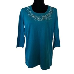 NWT Quacker Factory Teal 3/4 Sleeve Shirt Top with Sparkling Accents Size Small